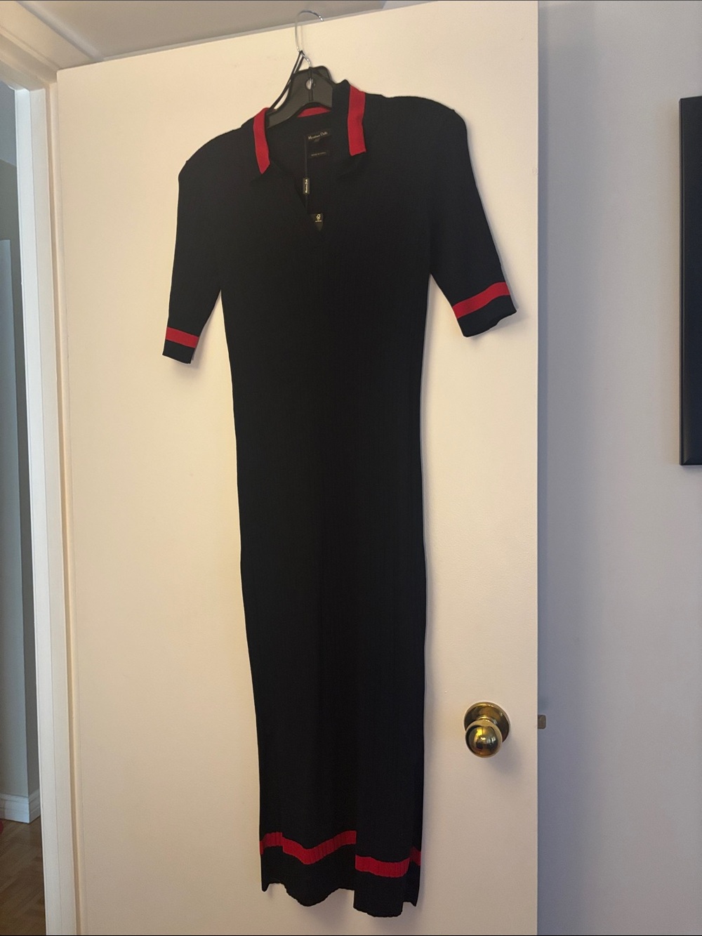Massimo Dutti Black Midi Polo Dress with Red Trim